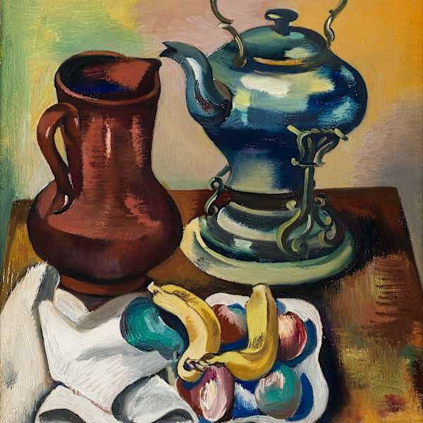 Arrangement with Kettle, Pitcher and Fruit by Jan Matulka, Image 1.