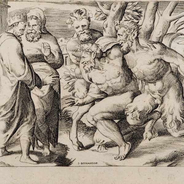 Deux Satyres amenant au Roi Madea Selene, qui s'etait egare by Giulio Bonasone, Image 1.