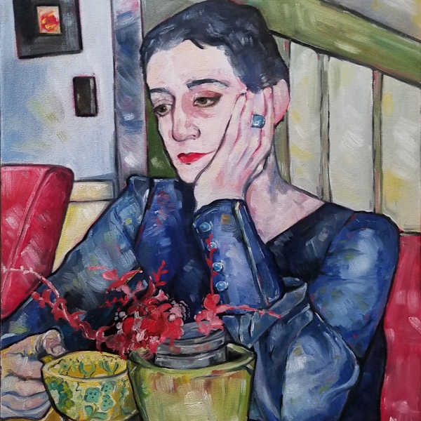Woman in Blue Dress with Tea Cup by Lily Shapiro, Image 1.