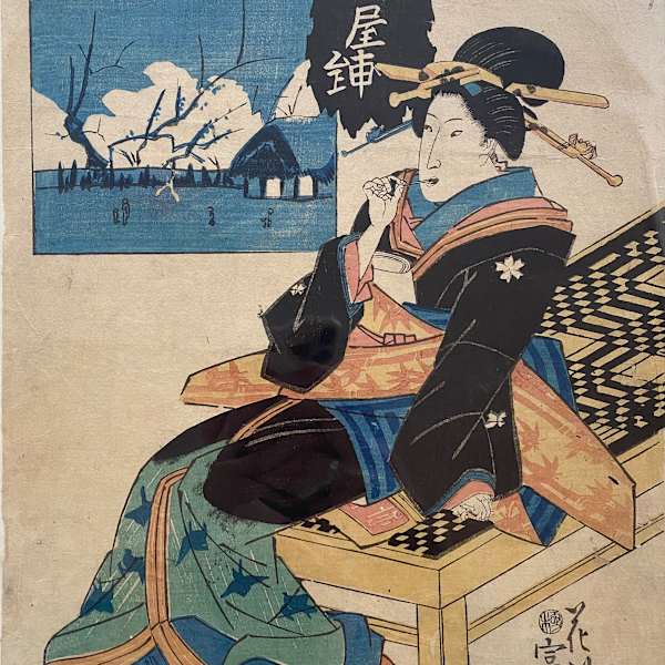 Woman sits, looks at blue painting by Artist Tominobo, Image 8.