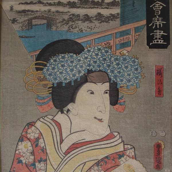 Shoulders and head of a red robed woman with blue flowers in hair by Artist Toyokimi, Artist Hiroshige, Utagawa Kunisada, Hiroshige, landscape; Kunisada, figure, Image 1.
