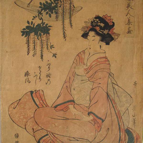 Bijin-Ga: Sitting woman in Pink, Hanging plants by Keisai Eisen, Image 1.