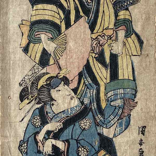 Woman Sitting, Man Standing Over her holding a Pink Fan by Artist Kuniyasu, Image 1.