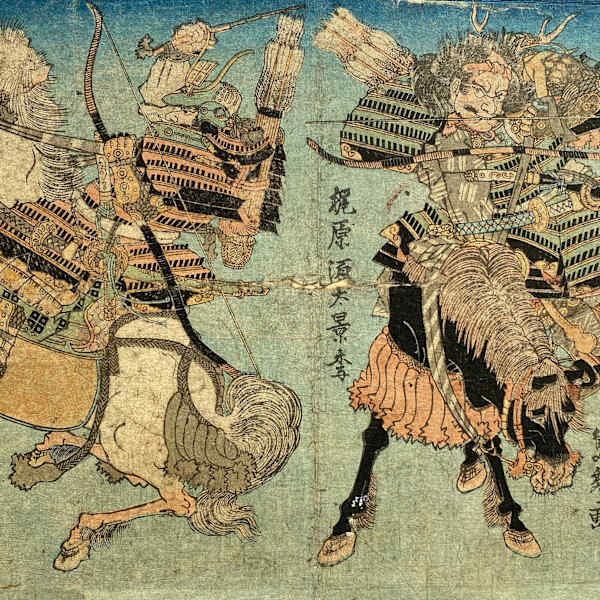 Two mounted samurai with bows, Left horse rearing up by Sadahide Gountei, Image 1.