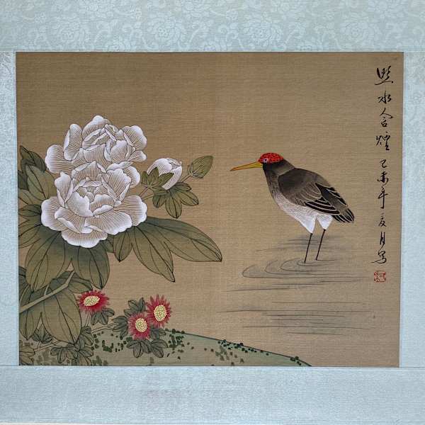 A black and white bird with a red head, facing flowers by China School of Tientsin, Image 1.