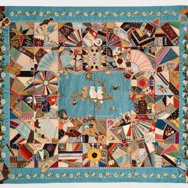 Three Owls Crazy quilt by Elizabeth Parkhurst Williams, Image 1.