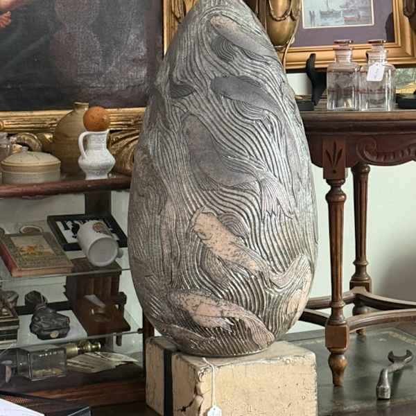 Large Egg Raku sculpture with carved fish by Steve Hemmingway, Image 2.