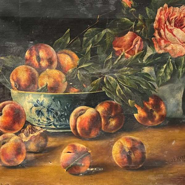 Still Life with Peonies and Peaches by James Frederick Hathaway, Image 1.