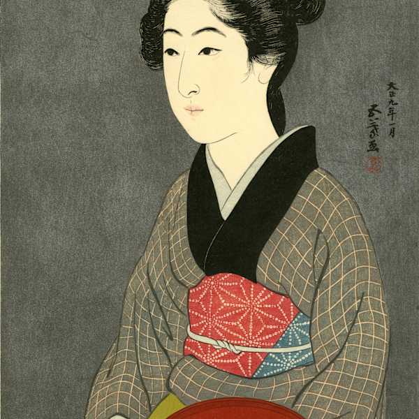 Portrait of Onao, a Maid at the Matsuyoshi Inn, Kyoto (Waitress with a Red Tray) by Hashiguchi Goyô, Image 3.
