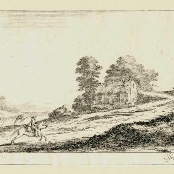 Plate 9: two horsemen at left galloping uphill towards the right, a horse and seated man to right by Stefano della Bella, Image 2.