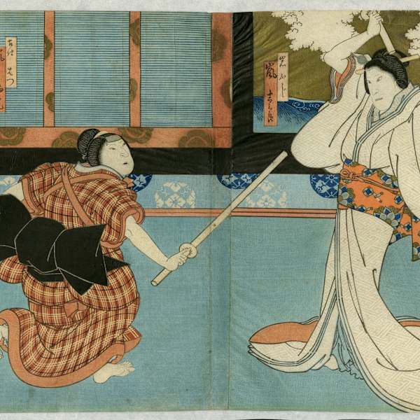 Actors Arashi Kichisaburô III as Iwafuji (R) and Arashi Rikan III as the Maid Hatsu (L) 「岩ふじ　嵐吉三郎」「召仕はつ　嵐璃寛」 by Isshusai Kunikazu, Image 1.