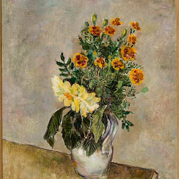 Still Life of Zinnias and Rosa Rugosas in Pitcher on Table Top by Simka Simkhovitch, Image 1.