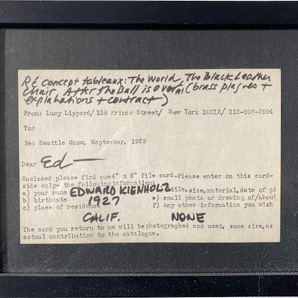Lucy Lippard Edward Kienholz file card by Lucy Lippard, Image 1.