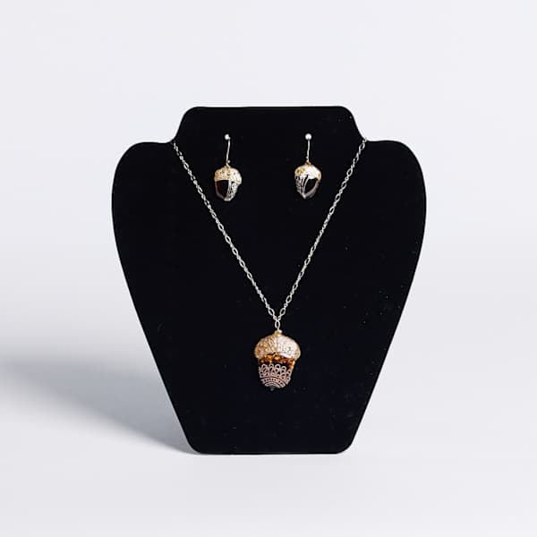 Cloisonné Acorn Earrings and Necklace by Jena Randall, Image 1.