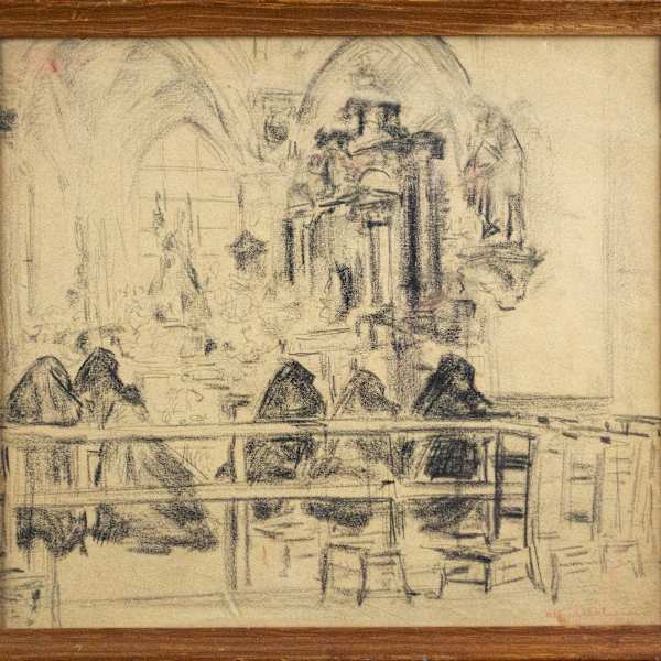 Church Interior With Women Praying by Alfred Napoleon Delaunois, Image 3.