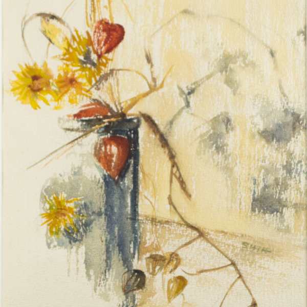 Untitled, Vase With Chinese Lanterns And Yellow Flowers by Joan Fai Shih, Image 2.