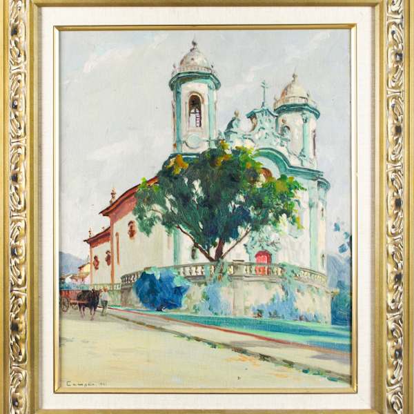 Street Scene With Church And Man With Donkey Cart by Hose Marques Campao, Image 2.