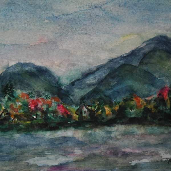 Town Along Coast With Mountains by Helen Barth, Image 1.