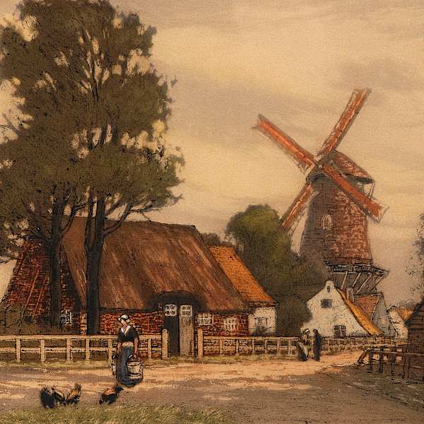 Untitled (Dutch landscape with woman and chickens in foreground and windmill in background) by Leo Francois, Image 96.