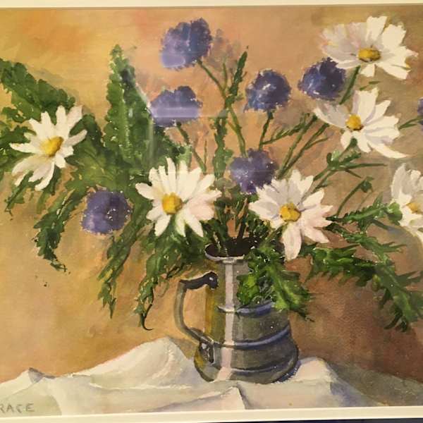 Stein with Blue Ranunculus and Daisies by M. C. Race, Image 1.