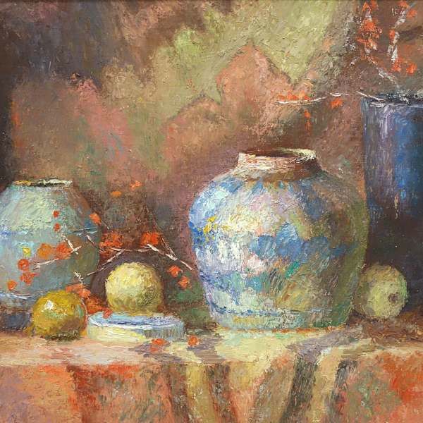 Still Life with Ceramics, Fruit and Blossoms by Pierre Anton, Image 1.