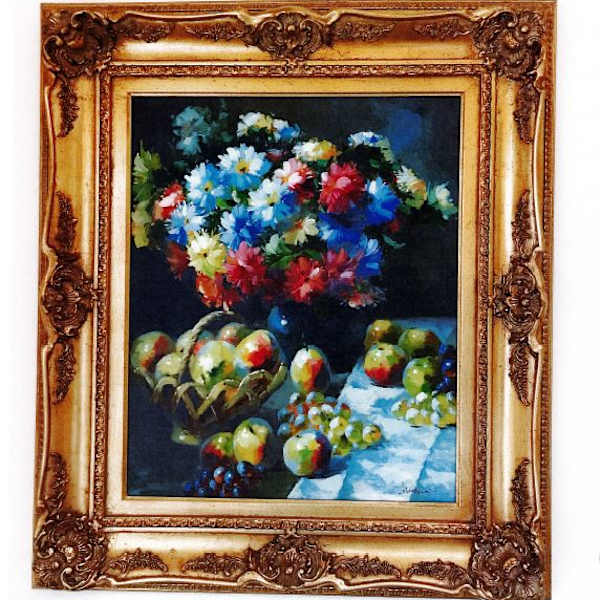Vase of multi-colored flowers & basket of fruit plus fruit on the table by Art Lacy, Image 1.