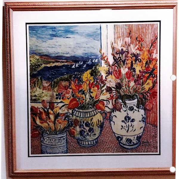 Still Life with Three Vases of Flowers by Leslie Sayour?, Image 1.
