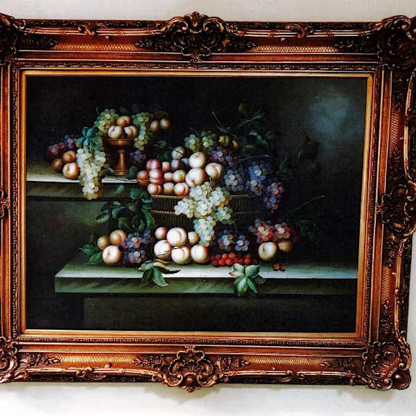 Two stone tables with fruit in small tazze, large basket by R. Printini, Image 1.