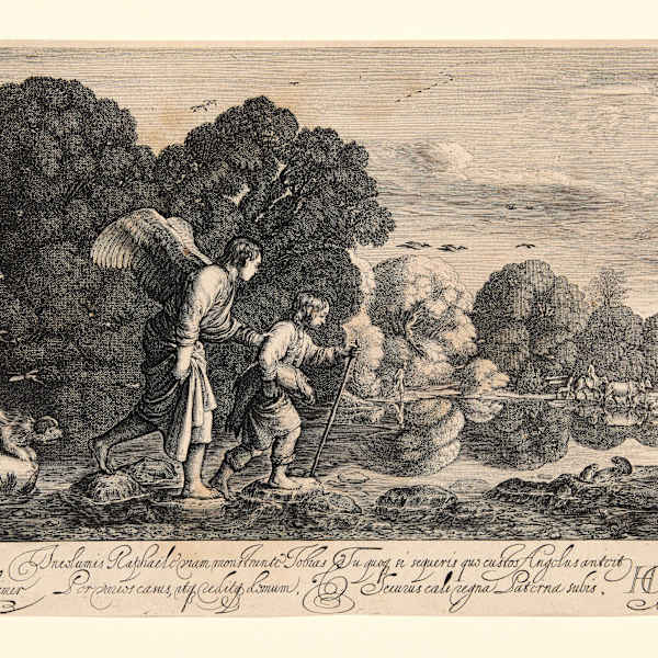 Tobias Carrying the Fish, Walking with the Angel / The Little Tobias by Hendrik Goudt, Image 1.