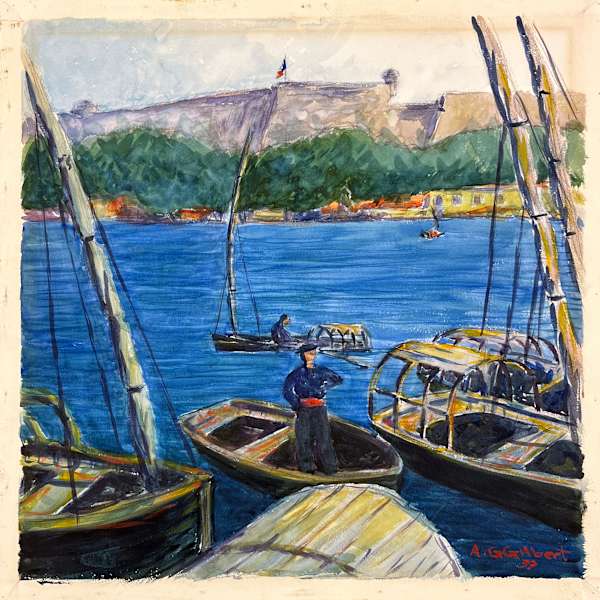 Boats Docked on River by A. G. Gilbert, Image 1.