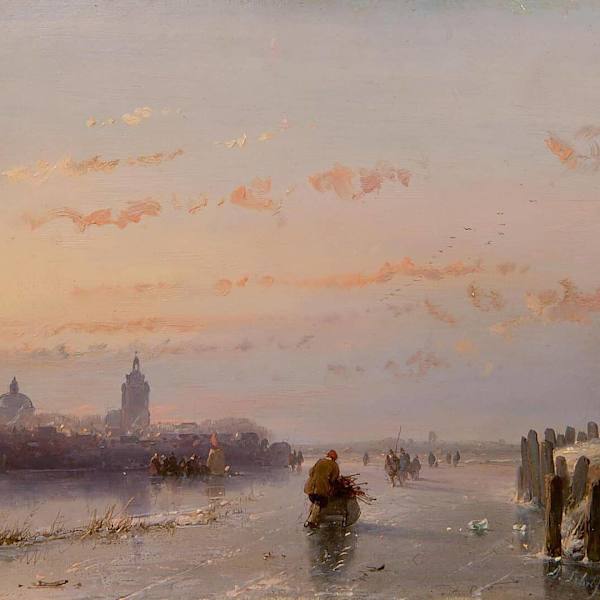 A winter landscape with wood-gatherers and skaters by Andreas Scheelfhout, Image 1.