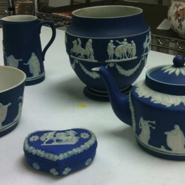 Set of Jasper Teapot, Pitcher, Box, Bowl, and Vase by Adams Tunstall, Image 1.