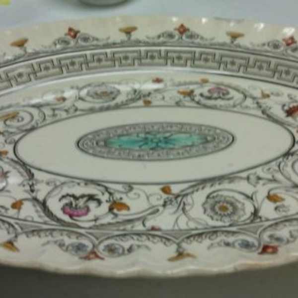 Victorian Platter with Colorful Scalloped Feather Design by Copeland, Image 1.