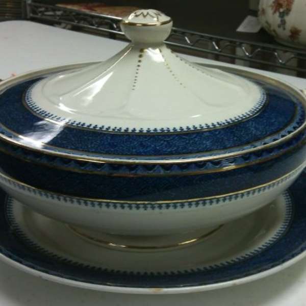 Covered Serving Dish with Saucer with Blue and White Rio Pattern by Leighton Pottery, Image 1.