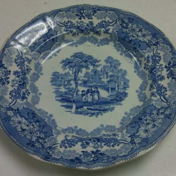 Blue and White Soup Bowl and Plate with British Rivers Design by CPCo, Image 1.