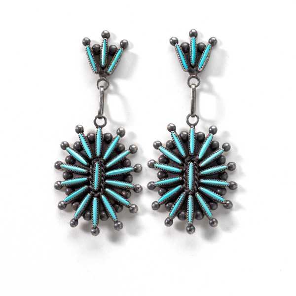 Lance & Cordelia Waatsa. Needlepoint drop earrings, Sterling Silver and Turquoise by Lance & Cordelia Waatsa, Image 1.