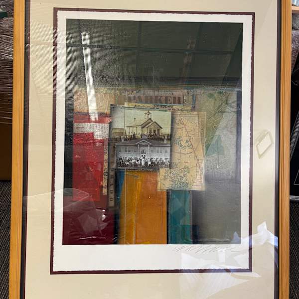 Town of Parker map, schoolhouse collage on paper by Anne Wallace, Image 1.