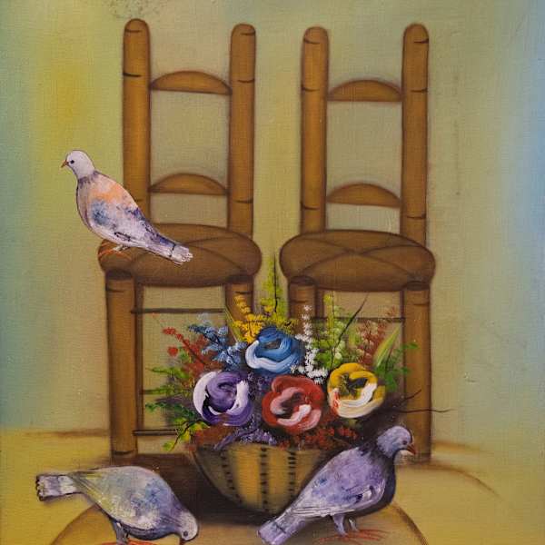 Doves, Flowers, and Chairs by Ambroise Domek, Image 1.