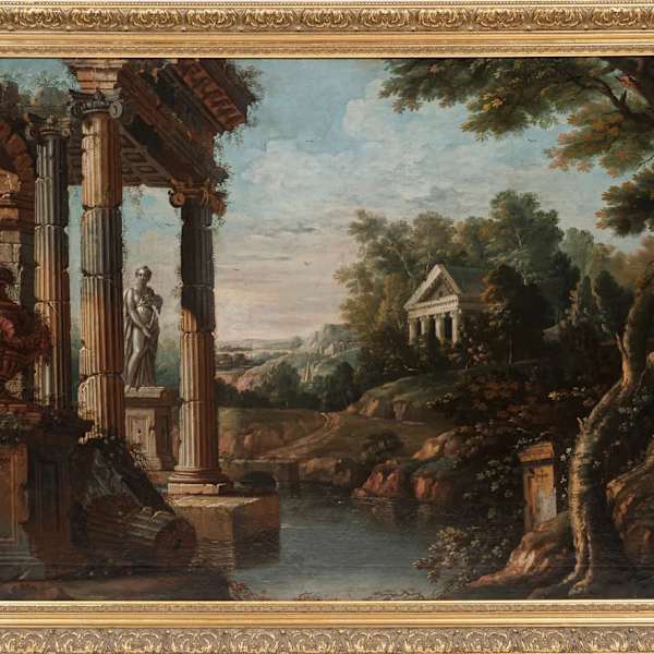 "A Capriccio of Classical Ruins on the River” by Italian School, Hubert Robert Attributed to, Image 1.