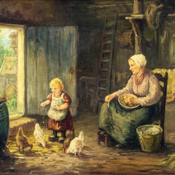 “Mother and Child Feeding Chickens” by Bernard Johan De Hoog, Image 1.