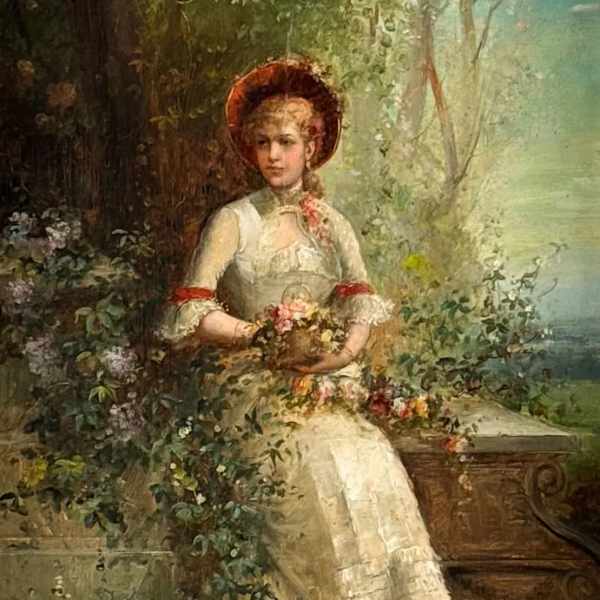 “The First Rose” a Lady in the Garden by German School, R Malvin, Image 1.