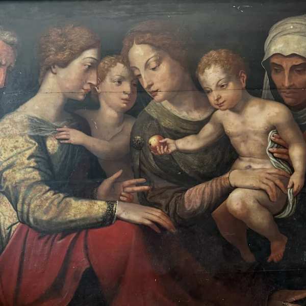 “ Holy Family Virgin Mary Christ Child  “ Old Master Simon de Chalons Circle Oil on Panel by Simon de Chalons, Image 1.