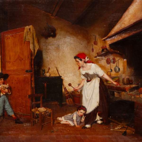 “The Mask”  an “Italian kitchen Scene, mother with kids” by Eugenio Zampighi (Italian, 1859 - 1944), Image 3.