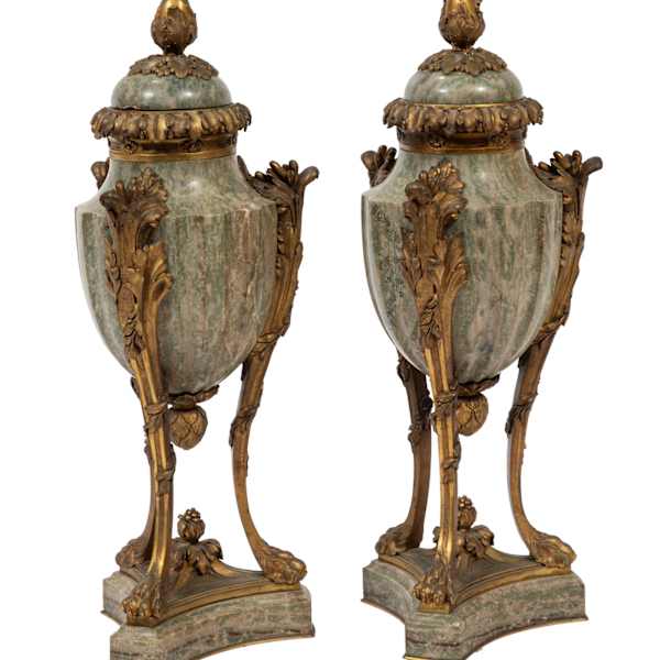 Pair of Napoleon III Bronze Mounted Marble Cassolettes c. 1870-1885 by Susse Freres Foundry, Image 1.