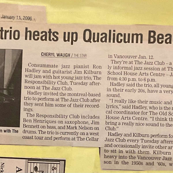 Hot young jazz trio heats up Qualicum Beach next week by Ron Hadley, Jim Kilburn, Ben Henriques, Jim Bennet, Mark Nelson, Image 1.
