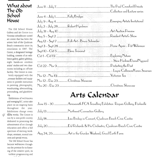 Exhibition schedule & art calendar by Kelly Bridges, Robert Hyndman, Paul Crawford, Bruce Schneider, Pat Wehrman, Elena Travanut, Steve Harkies, Darrel Nygaard, Layne Collinson, Karen Seversen, Lisa Brokop, Dal Richards, Image 1.