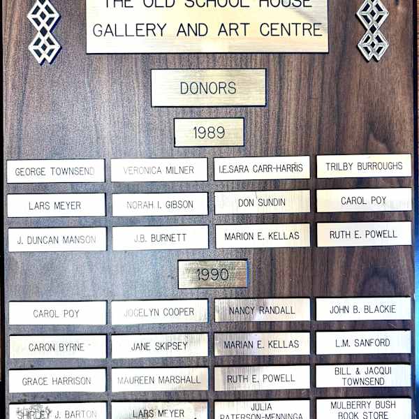 Donor Plaque 1989 1990 by Lars Meyer, Julia Paterson-Menninga, Mulberry Bush Book Store, Lois Brown, Yvonne Dowd, The Craft Shop, Image 2.