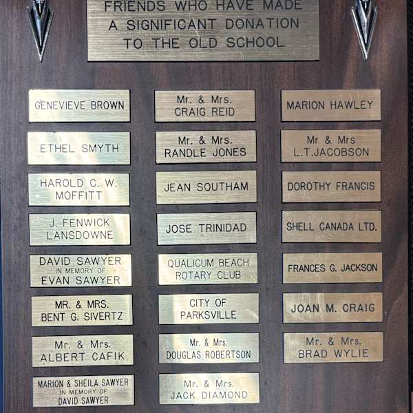Significant Donor Plaque by Bent G. Sivertz, Mrs Cafik, Ethel Smyth, Harold C. W. Moffitt, J. Fenwick Lansdowne, David Sawyer, Craig Reid, Mrs. Reid, Jack Diamond, Mrs Diamond, Genevieve Brown, Evan Sawyer, Mrs Sivertz, Albert Cafik, Marion Sawyer, Sheila Sawyer, Randle Jones, Mrs Jones, Jean Southam, Jose Trinidad, Douglas Robertson, Mrs Robertson, Marion Hawley, L.T. Jacobson, Mrs Jacobson, Dorothy Francis, Frances G. Jackson, Joan M. Craig, Brad Wylie, Mrs Wylie, Image 1.
