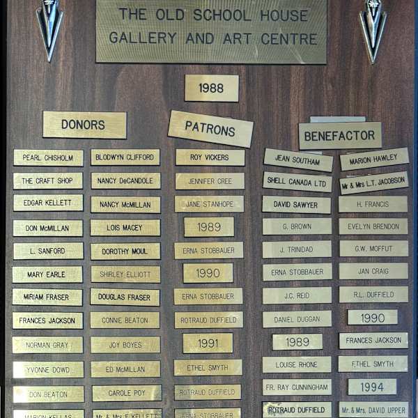 Donor Patron and Benefactor Plaque 1988 by Pearl Chisholm, The Craft Shop, Edgar Kellet, Don McMillan, L. Sanford, Mary Earle, Shirley Elliott, Miriam Fraser, Douglas Fraser, Frances Jackson, Norman Gray, Connie Beaton, Joy Boyes, Yvonne Dowd, Ed McMillan, Don Beaton, Carole Poy, Marion Kellas, Jack Blackie, E Kellett, Mrs Kellett, Charlie Lockwood, Roy Vickers, Jennifer Cree, Jane Stanhope, Erna Stobbauer, Rotraud Duffield, Ethel Smyth, Jean Southam, Marion Hawley, Shell Canada LTD, H. Francis, G. Brown, Evelyn Brendon, J. Trinidad, G.W. Moffut, Jan Craig, J.C. Reid, R.L. Duffield, Daniel Duggan, Louise Rhone, Fr. Ray Cunnignham, Rotraud Duffield, Frances Jackson, Ethel Smyth, David Upper, Mrs Upper, Image 1.