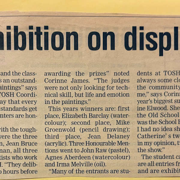 Painting exhibition on display at TOSH by Corinne James, Elizabeth Barclay, Mike Groenwold, Jean Delaney, John Raw, Agnes Aberdeen, Irma Melville, Catherine Elwood, Nick Chromezkwich, Elizabeth Webster, Michelle Oelrich, Theresa Johannesson, Mildred Critchlow, Katie Callahan, Image 1.